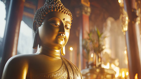 This image captures a serene golden Buddha statue, symbolizing peace and spirituality in a tranquil temple setting, inviting calmness and reflection.の素材