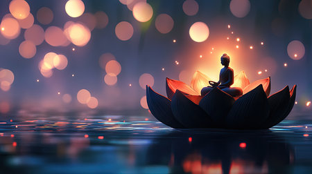 A tranquil scene of a Buddha figure meditating atop a glowing lotus, surrounded by soft, shimmering light reflections on water, evoking peace and serenity.の素材