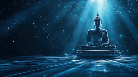 A captivating Buddha statue surrounded by ethereal light in a cosmic setting. This image evokes a sense of serenity and spiritual tranquility, ideal for meditation and mindfulness themes.の素材