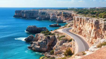 Experience the calm beauty of a winding coastal road alongside stunning cliffs, with views of the vibrant blue ocean under a sunny sky, perfect for travel enthusiasts.の素材