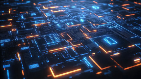 Explore the mesmerizing details of a futuristic digital circuit board, featuring glowing blue and orange lines that create an intricate and modern design perfect for technology themes.の素材