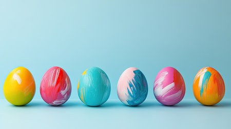 A captivating display of colorful painted eggs arranged on a soft blue background, perfect for spring celebrations, festive decor, and artistic inspiration.の素材