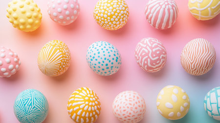 A captivating collection of vibrant pastel eggs adorned with unique patterns, arranged artistically on a soft color gradient background, perfect for spring festivities.の素材