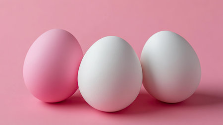 A composition of pink and white eggs resting on a soft pink backdrop, creating a serene and vibrant visual. Perfect for spring themes and culinary designs.の素材