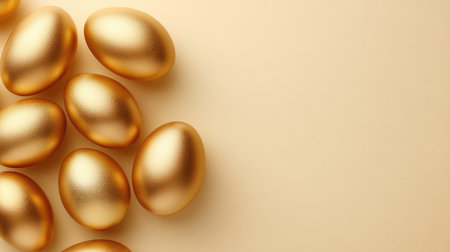 A stunning arrangement of golden eggs rests on a soft beige background, ideal for Easter celebrations, decoration, or creative projects, adding elegance and warmth.の素材
