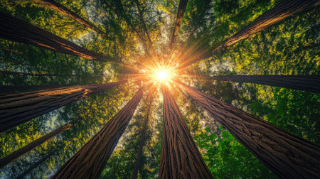 A striking view looking up at tall trees, illuminated by sunlight breaking through the dense canopy, creating a serene and peaceful atmosphere in nature.の素材