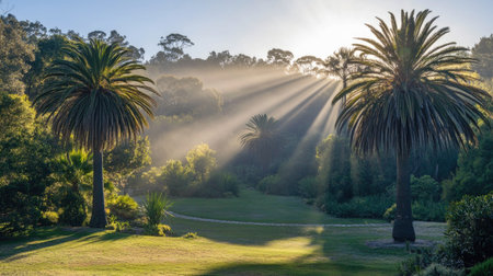 A tranquil landscape featuring tall palm trees bathed in soft sunlight rays. This serene environment evokes feelings of peace and relaxation in nature.の素材
