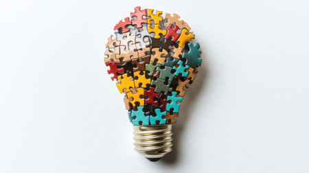A vibrant arrangement of colorful puzzle pieces shaped like a light bulb, symbolizing creativity and the fusion of ideas. Perfect for concepts of innovation and problem-solving.の素材