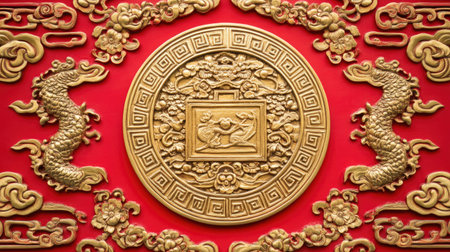This striking image features an ornate golden dragon relief set against a vibrant red background, showcasing intricate details and cultural symbolism.の素材