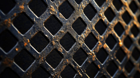 This close-up image showcases a textured metal grid featuring rusty details. The interplay of light and shadow adds depth and interest to the composition.の素材