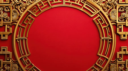 A stunning ornate golden frame set against a vibrant red background, perfect for elegant designs, celebrations, and artistic displays, emphasizing culture and creativity.の素材