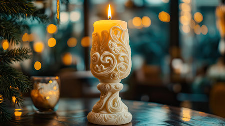 A beautifully designed candle with intricate swirls emits a warm glow, creating a cozy atmosphere perfect for relaxation and festive gatherings.の素材