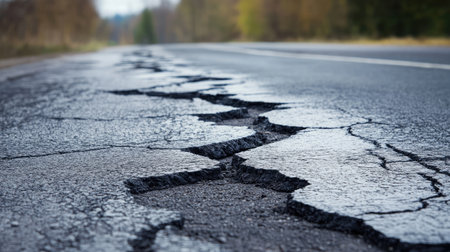 A close-up view of a cracked asphalt road, showcasing severe damage and natural surroundings. This image highlights the impact of weather and time on infrastructure.の素材