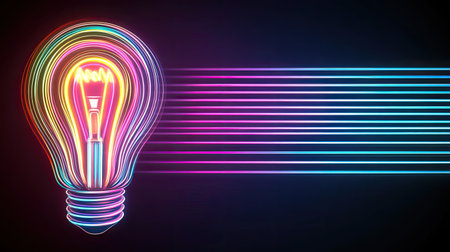 A vibrant neon light bulb glows with colorful rays extending in a dark backdrop. This dynamic image symbolizes creativity and innovation in design.の素材
