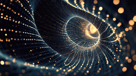 This captivating abstract image features a swirling pattern of glowing dots and lines against a dark background, creating a sense of depth and motion.の素材