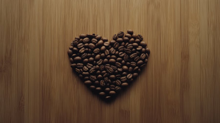 A creative arrangement of coffee beans in a heart shape placed on a wooden surface. This image evokes feelings of love and warmth, perfect for celebrating connections.の素材