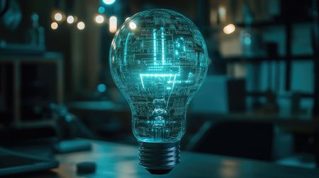 A captivating digital light bulb showcases intricate circuitry designs illuminated with a soft glow. Perfect for themes of innovation, creativity, and modern technology in various settings.の素材