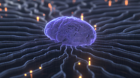 This captivating image showcases a futuristic digital brain illuminated with glowing neural connections, symbolizing the intersection of technology and intelligence.の素材