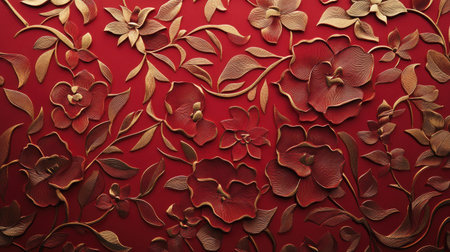 This sophisticated floral relief artwork features vibrant red and gold tones, creating an elegant and luxurious backdrop perfect for various design projects.の素材