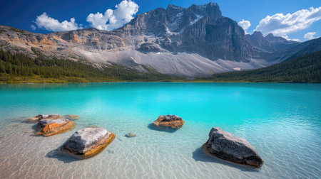A stunning mountain lake scene featuring crystal clear turquoise water. Rocky shoreline complements the breathtaking landscape with majestic peaks. Perfect for nature enthusiasts.の素材