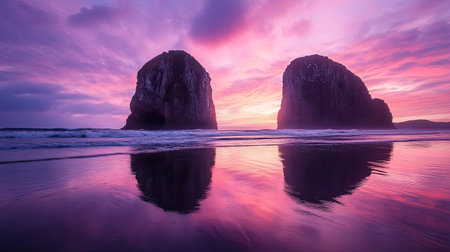 Breathtaking view of a vibrant sunset over twin rock formations, reflecting beautifully on the wet sand. The colorful sky enhances the serene beach landscape.の素材