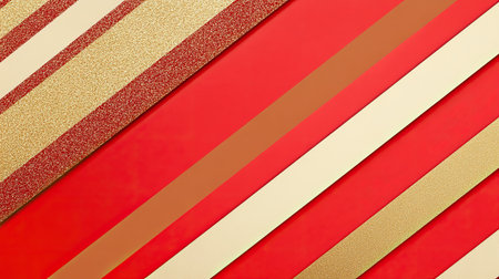 A striking and vibrant background featuring colorful stripes of gold and beige against a bold red surface, perfect for festive designs and creative projects.の素材