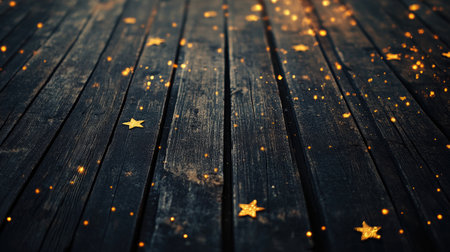 Experience a magical ambiance with sparkling stars scattered on a dark wooden floor, creating a warm and inviting atmosphere perfect for festive celebrations.の素材