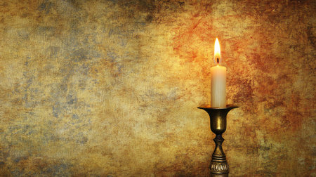 A serene candle emitting a warm glow atop an antique brass holder, set against a textured, faded background, creating a cozy and inviting atmosphere perfect for relaxation.の素材