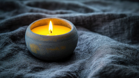 A beautifully lit candle sits in a decorative bowl on soft fabric, creating a cozy and serene atmosphere. Perfect for enhancing indoor ambiance and relaxation.の素材