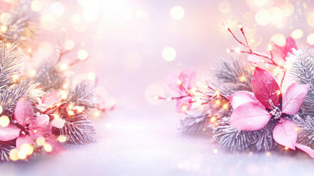 This enchanting holiday background features soft pink leaves and silver branches, enhanced by a dreamy bokeh effect that brings warmth and elegance to any seasonal project.の素材