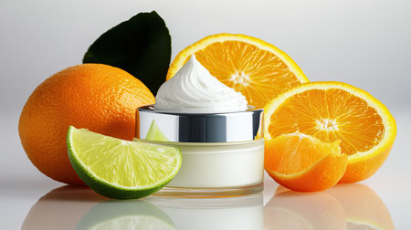 A vibrant arrangement of citrus fruits, including oranges and limes, alongside a creamy jar. This image embodies freshness and natural beauty, perfect for skincare themes.の素材