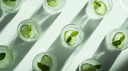 Enjoy this refreshing array of mint and cucumber drinks on a bright surface. Perfect for summer gatherings, these beverages highlight freshness and elegance.の素材