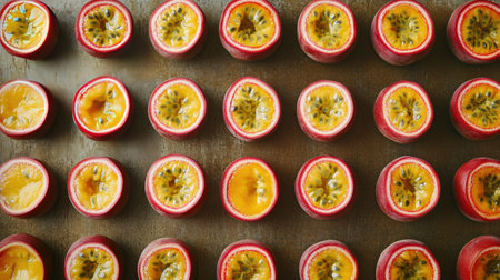 A vibrant display of fresh passion fruit halves arranged neatly on a rustic wooden surface, showcasing their rich yellow pulp and visually appealing colors.の素材