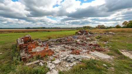 A view of abandoned building ruins amidst lush green grass and an expansive field under a cloudy sky, depicting nature reclaiming the remnants of human construction.の素材