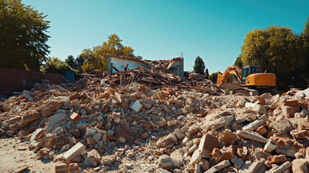 A demolition site features heavy machinery working amidst a large pile of rubble and debris, with a clear blue sky overhead. The scene captures the active process of urban construction and removal.の素材