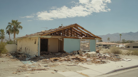 A derelict building sits in a sunlit desert landscape, showcasing extensive damage and debris. The structure reflects neglect and the passage of time.の素材