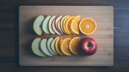 A vibrant display of sliced green apple and orange arranged on a wooden cutting board. This image captures the freshness and color of the fruits, making it ideal for healthy eating themes.の素材