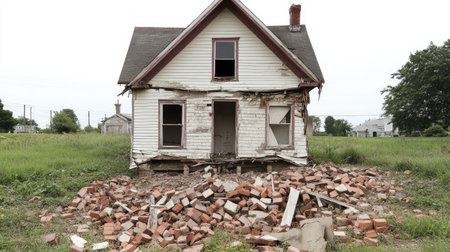 An abandoned house stands with severe damage and a pile of bricks at its base. The scene captures a sense of decay and neglect in a once lively environment.の素材