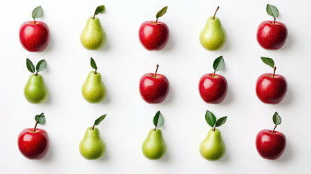 A vibrant arrangement of fresh red apples and green pears with leaves on a clean white background, perfect for promoting health and nutrition in food concepts.の素材