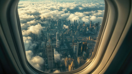 Breathtaking aerial view showcasing a vibrant cityscape from an airplane window, surrounded by soft clouds under a clear sky, symbolizing travel and exploration.の素材
