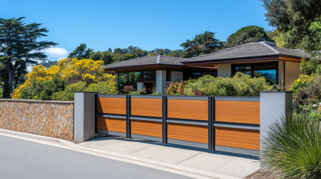 A modern home entrance featuring a stylish wooden gate and a stone wall, surrounded by lush greenery and vibrant flowers, offering a tranquil outdoor space.の素材