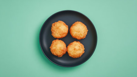 Four crispy golden fried snacks arranged on a black plate create a vibrant culinary presentation against a pastel green background, perfect for food lovers.の素材