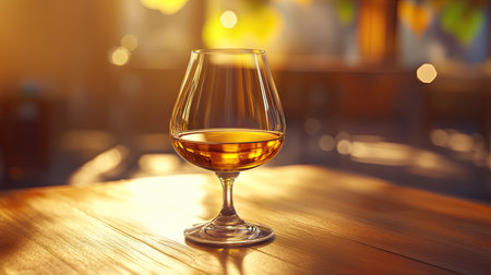 A sophisticated glass of whiskey sits on a wooden table, illuminated by soft sunset light. The warm amber hue shines through, creating a cozy atmosphere perfect for relaxation.の素材