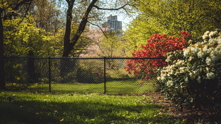 A tranquil view of an urban garden featuring a vibrant array of blooming flowers, lush greenery, and a chain link fence, offering a serene escape in the city.の素材