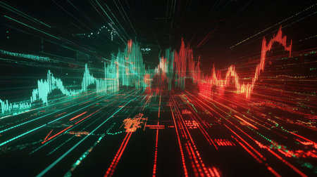 Explore a captivating futuristic visualization of stock market trends, featuring vibrant red and green graphs. The dynamic flow of data represents analysis and financial metrics.の素材