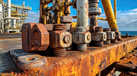 A close-up view of rusty bolts on an industrial platform showcases the impact of corrosion in a marine environment, highlighting weathered metal textures and industrial decay.の素材