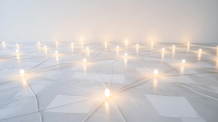 A serene minimalist design showcasing a soft glow from warm lights scattered across a white surface, creating an elegant ambiance and inspiring tranquility.の素材