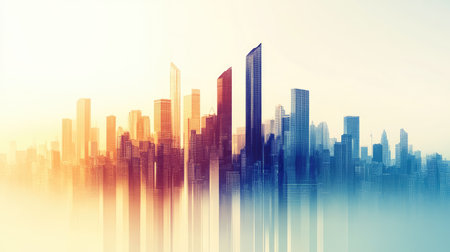 A captivating urban skyline at dawn featuring abstract color gradients and reflections. This artwork captures the serene beauty of modern architecture in a vibrant setting.の素材