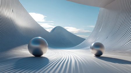 A surreal abstract landscape featuring smooth curves and metallic spheres. The gentle interplay of light and shadow creates a tranquil environment that invites exploration.の素材
