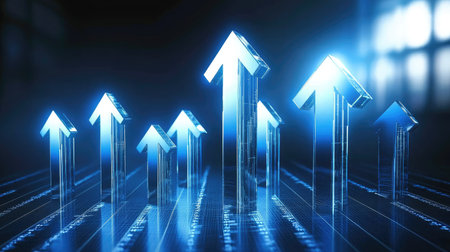 A striking digital representation of upward arrows illustrating growth and progress in business. This image reflects motivation, success, and future potential.の素材